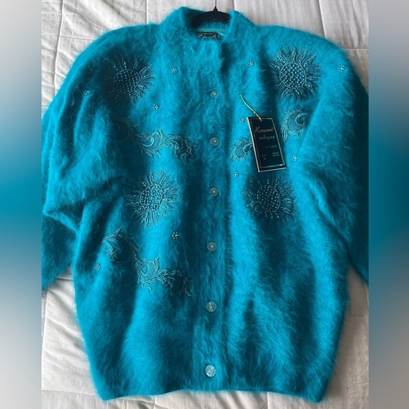 Rare Vintage Angora Embroidered Beaded NWT Dead-stock Turquoise Cardigan M - Picture 10 of 16